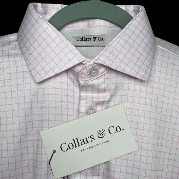 Collars & Co Polo Shirt Mens Large Pink Thin Check Dress Collar Grid Office